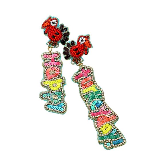 HAPPY TURKEYDAY Thanksgiving Theme Turkey Holiday Sparkle Beaded Earrings - Picture 3 of 4